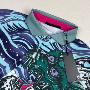 Greyson Mythical Sea Polo‎ Shirt Mens Medium Dragon Wave Print NWT
